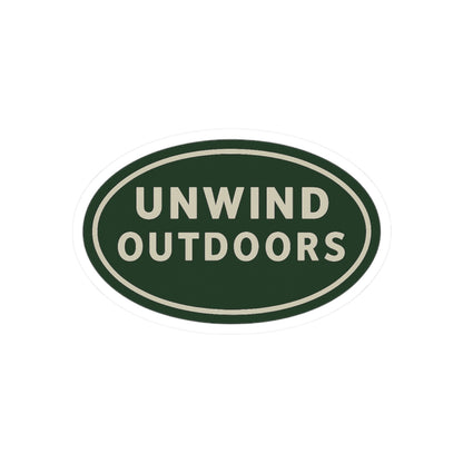 Unwind Outdoors Oval Kiss-Cut Sticker — Green Vintage Camping Decal