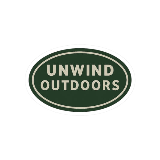 Unwind Outdoors Oval Kiss-Cut Sticker — Green Vintage Camping Decal