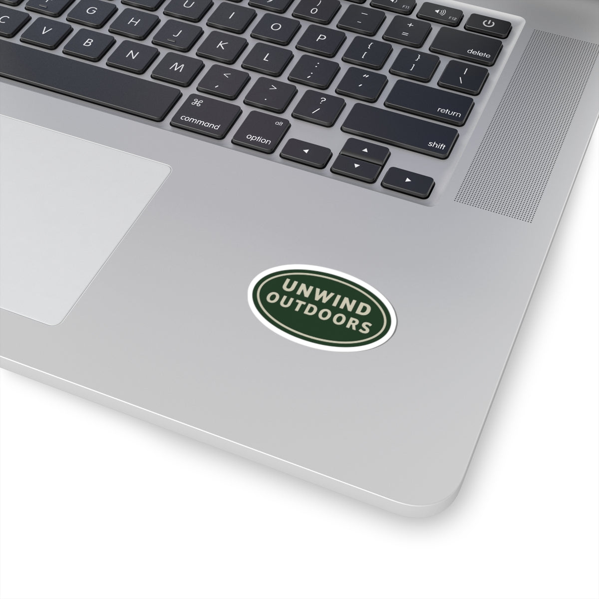 Unwind Outdoors Oval Kiss-Cut Sticker — Green Vintage Camping Decal