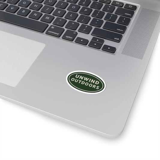 Unwind Outdoors Oval Kiss-Cut Sticker — Green Vintage Camping Decal