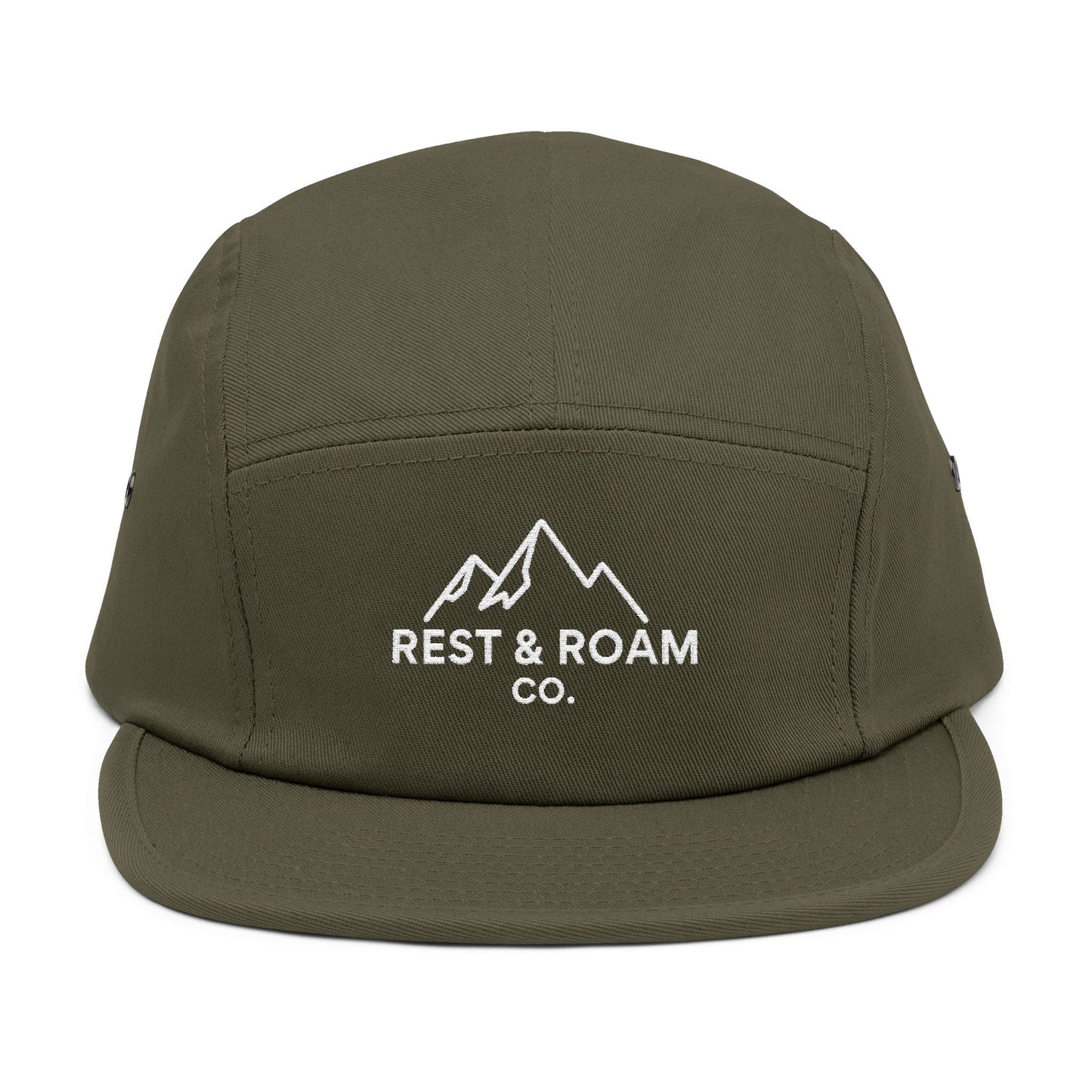 Close-up of an olive embroidered 5-panel camp hat with Rest & Roam Co. mountain logo on front panel