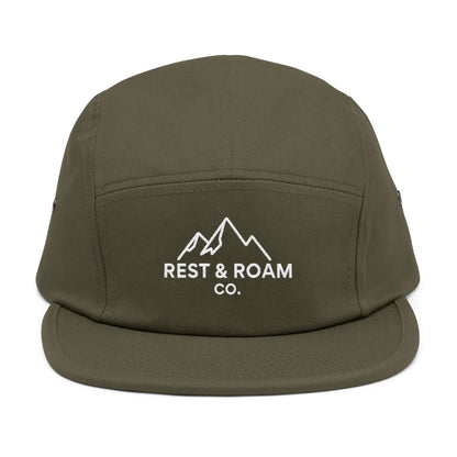 Close-up of an olive embroidered 5-panel camp hat with Rest & Roam Co. mountain logo on front panel