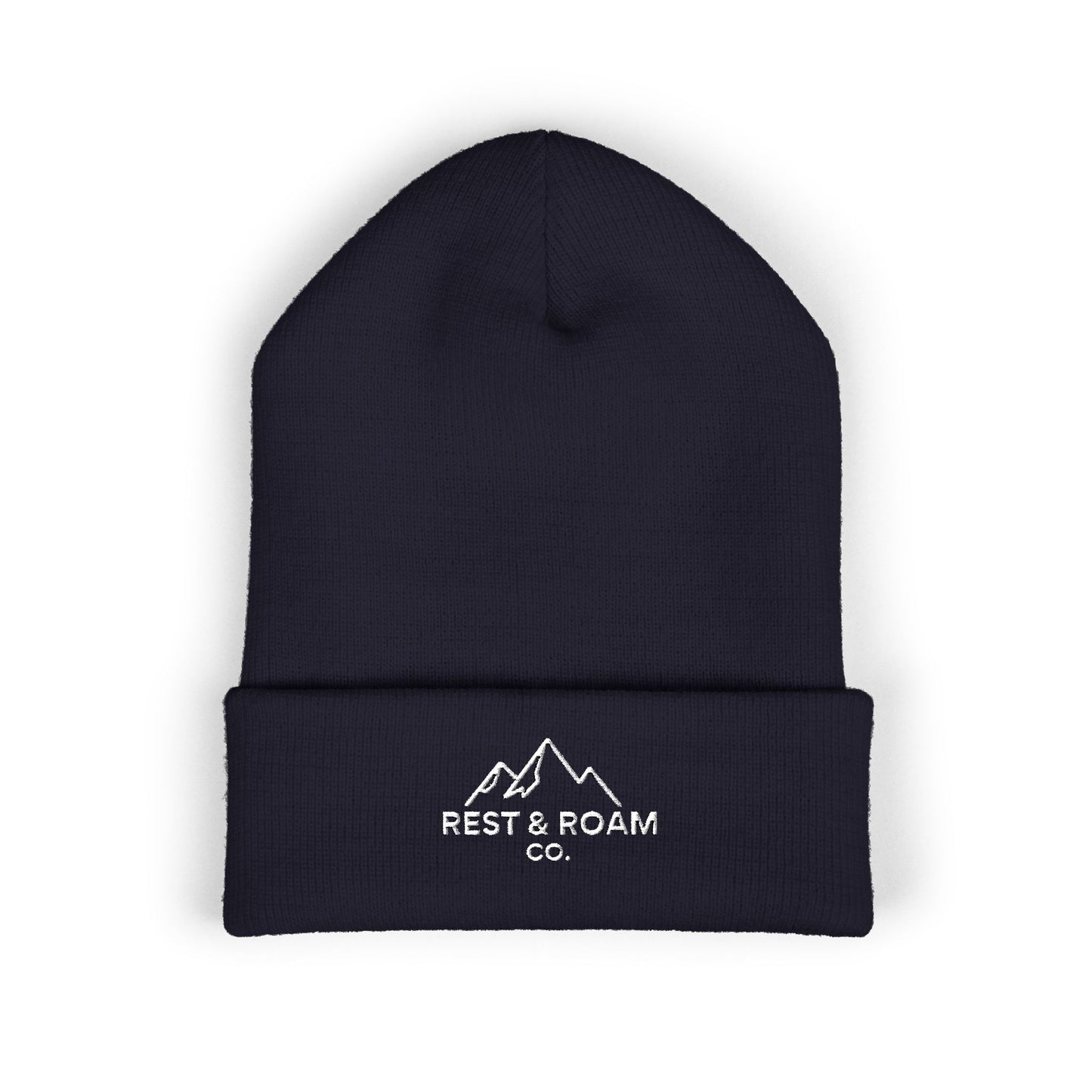 Black beanie with 'Rest & Roam Co.' logo on a white background