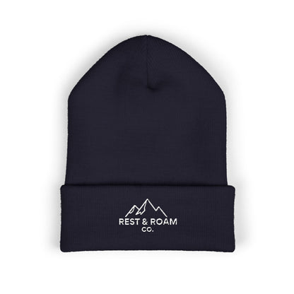 Black beanie with 'Rest & Roam Co.' logo on a white background