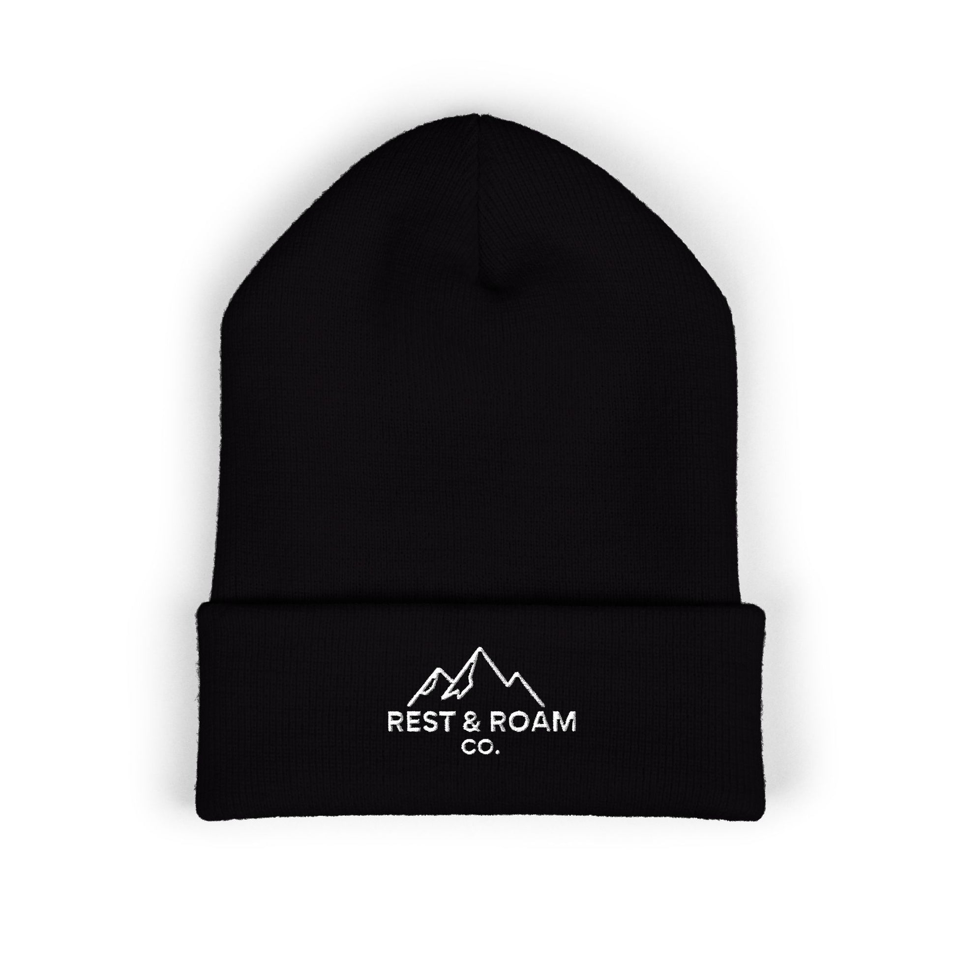 Black beanie with 'Rest & Roam Co.' logo on a white background