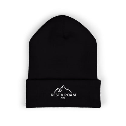Black beanie with 'Rest & Roam Co.' logo on a white background