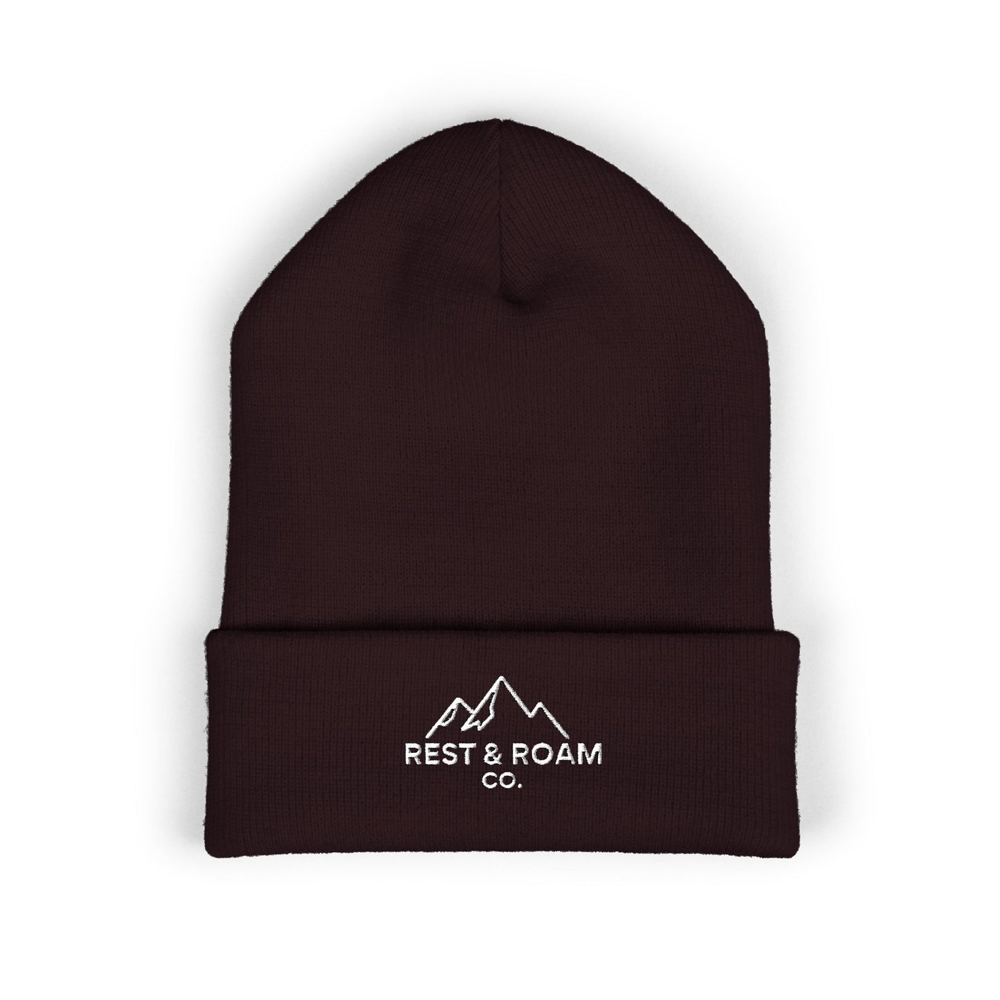 Brown beanie with 'Rest & Roam Co.' logo on a white background