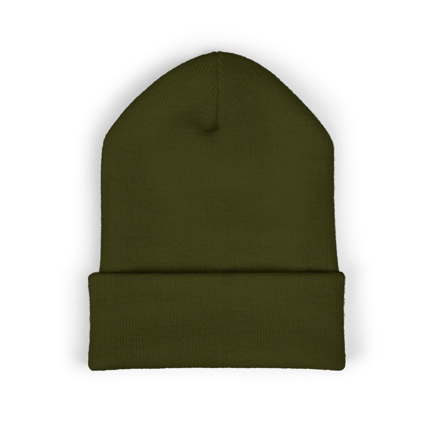 Back of Olive beanie on a white background