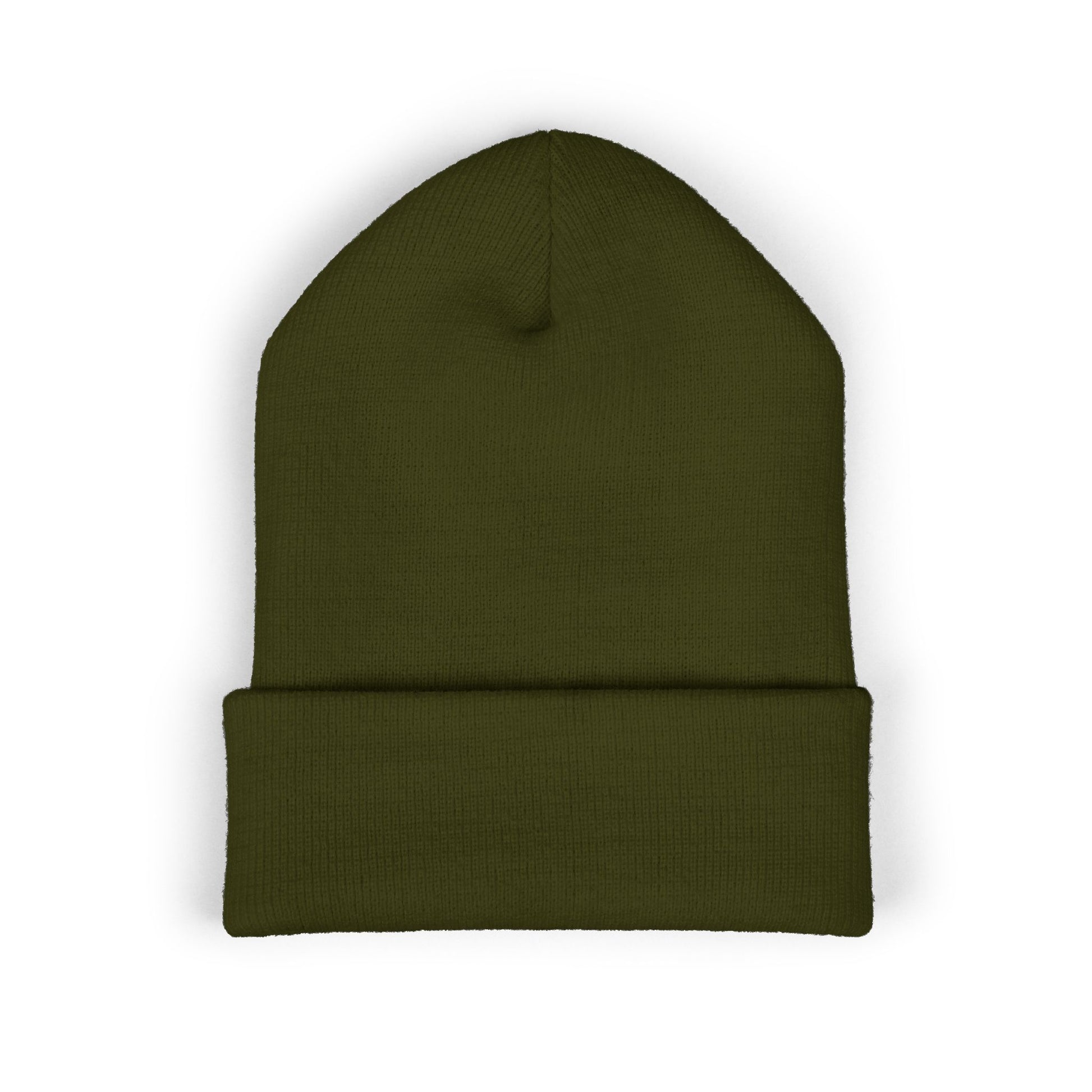 Back of Olive beanie on a white background