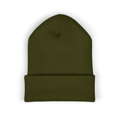 Back of Olive beanie on a white background