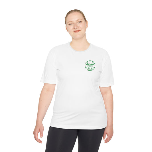 Person wearing a white t-shirt with a logo on a white background