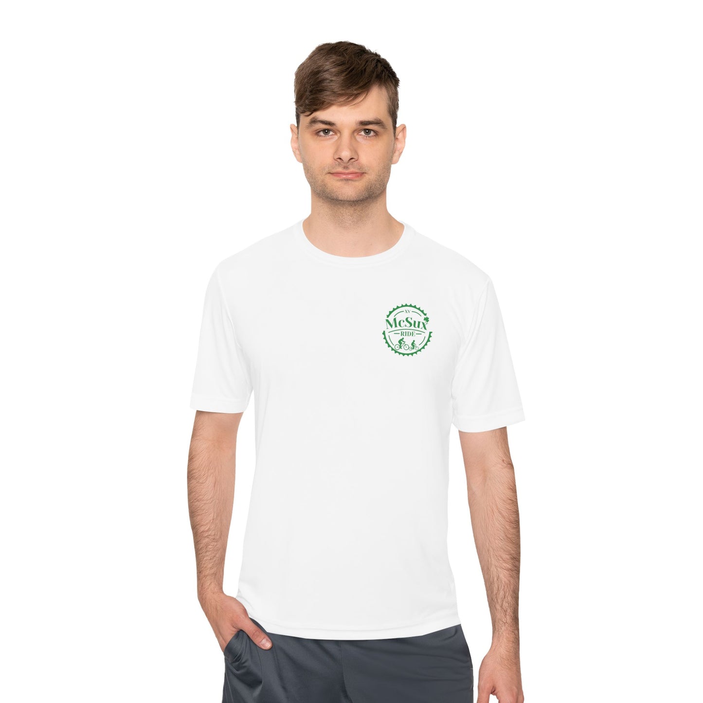 Man wearing a white t-shirt with a logo on a white background