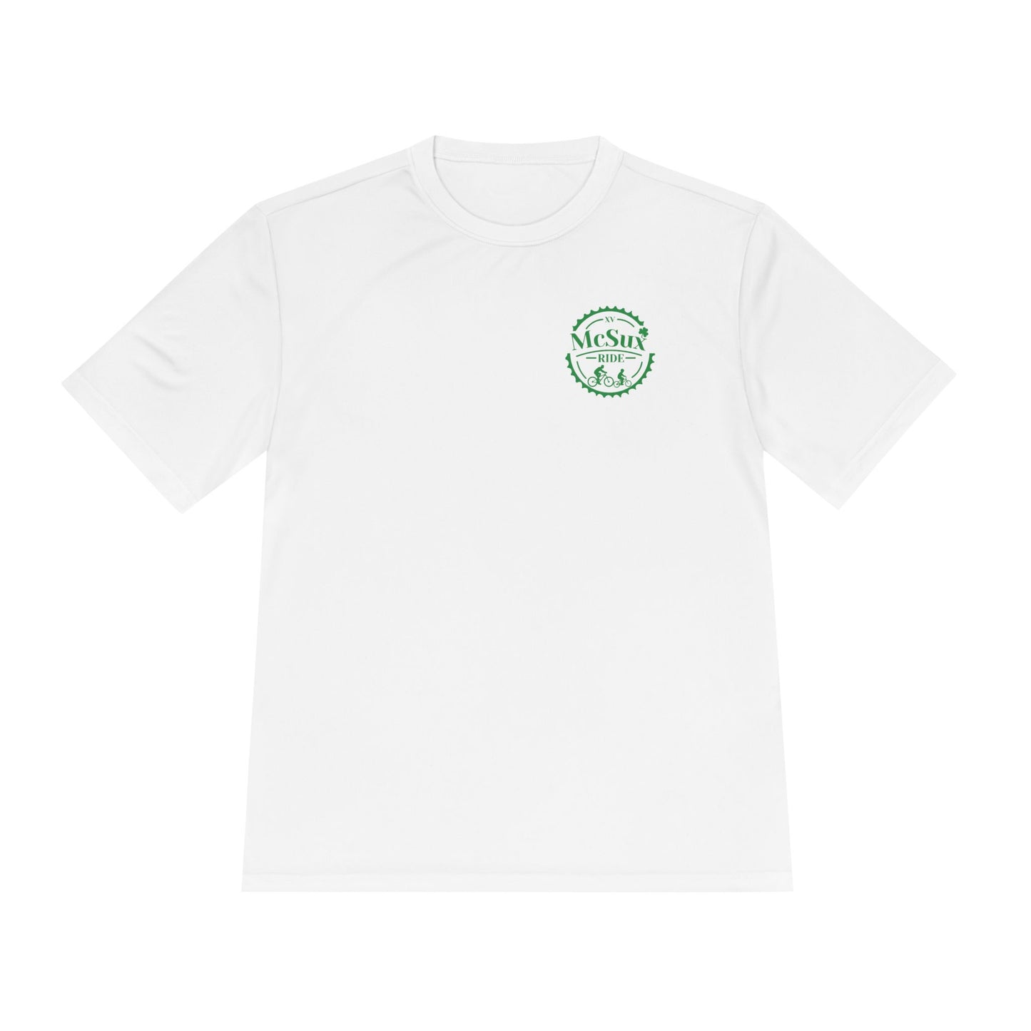 White t-shirt with a green logo on a white background