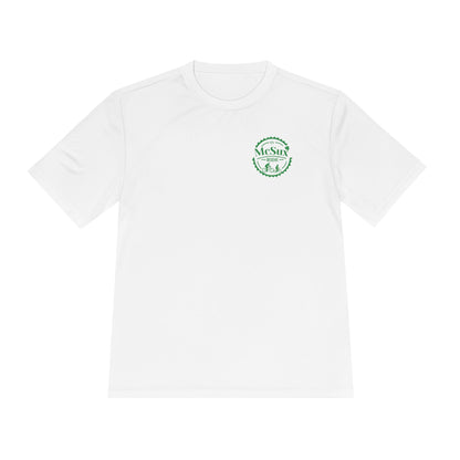 White t-shirt with a green logo on a white background