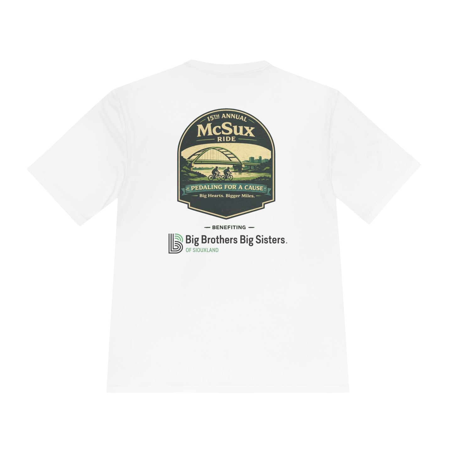 White t-shirt with green and black graphic design on a white background