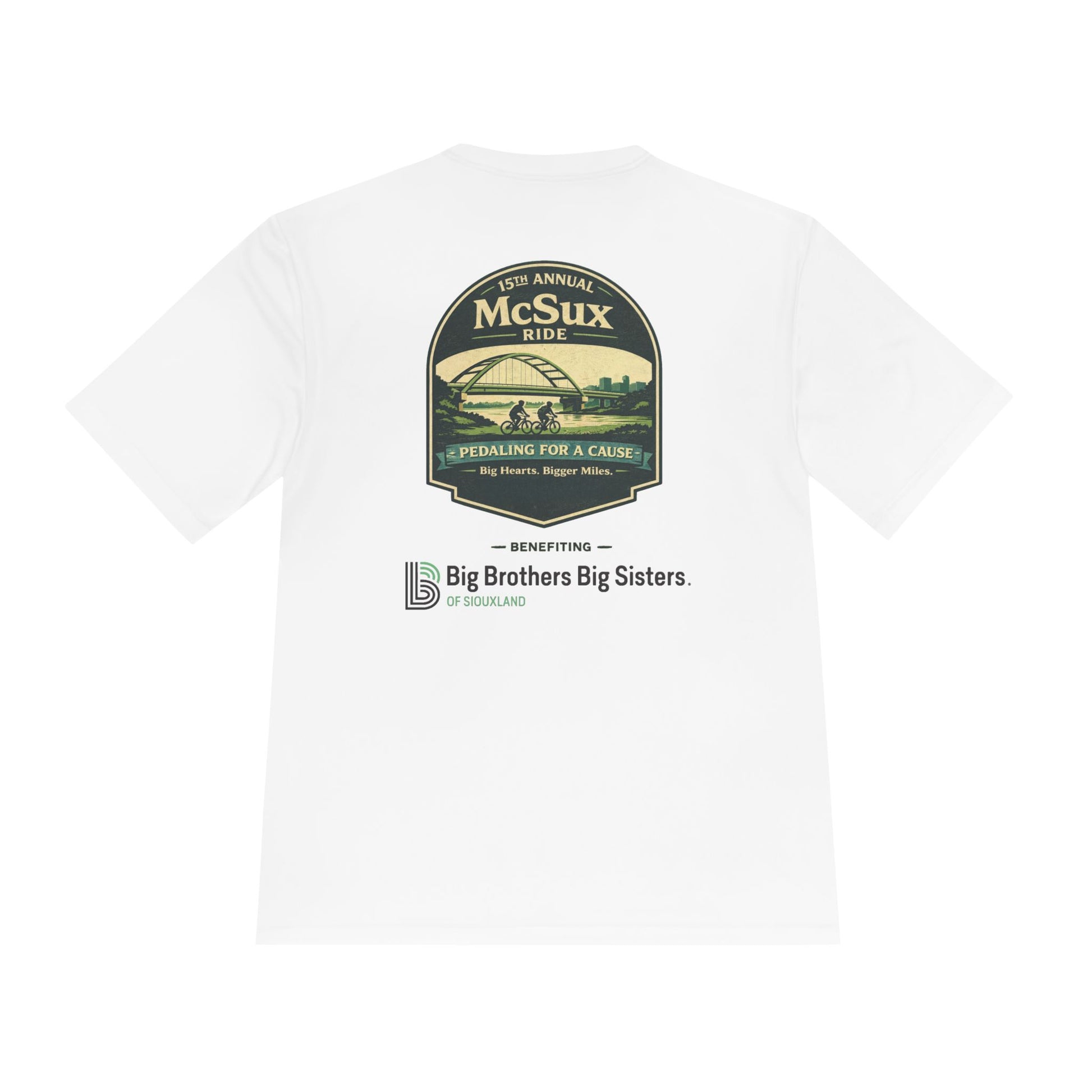 White t-shirt with green and black graphic design on a white background