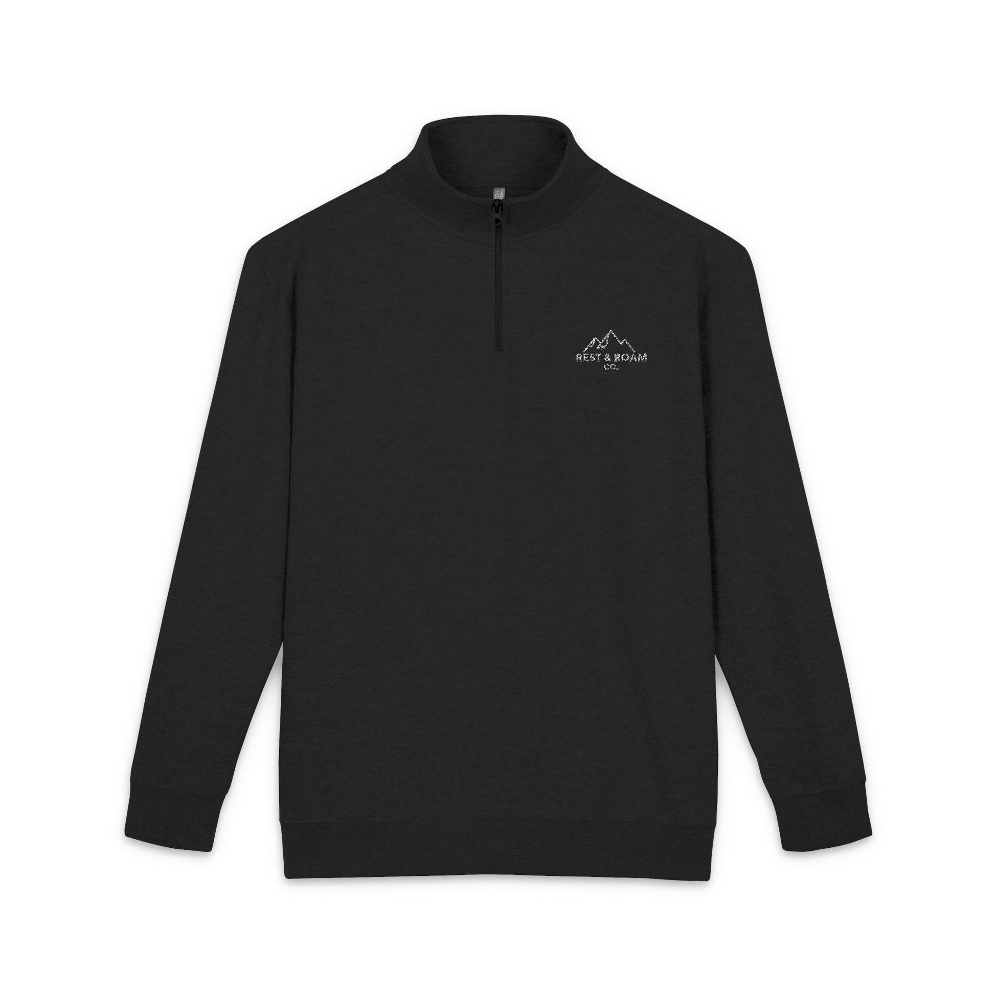 Black quarter-zip fleece pullover with embroidered mountain logo.