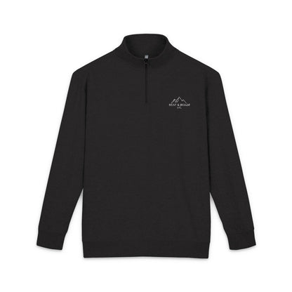 Black quarter-zip fleece pullover with embroidered mountain logo.