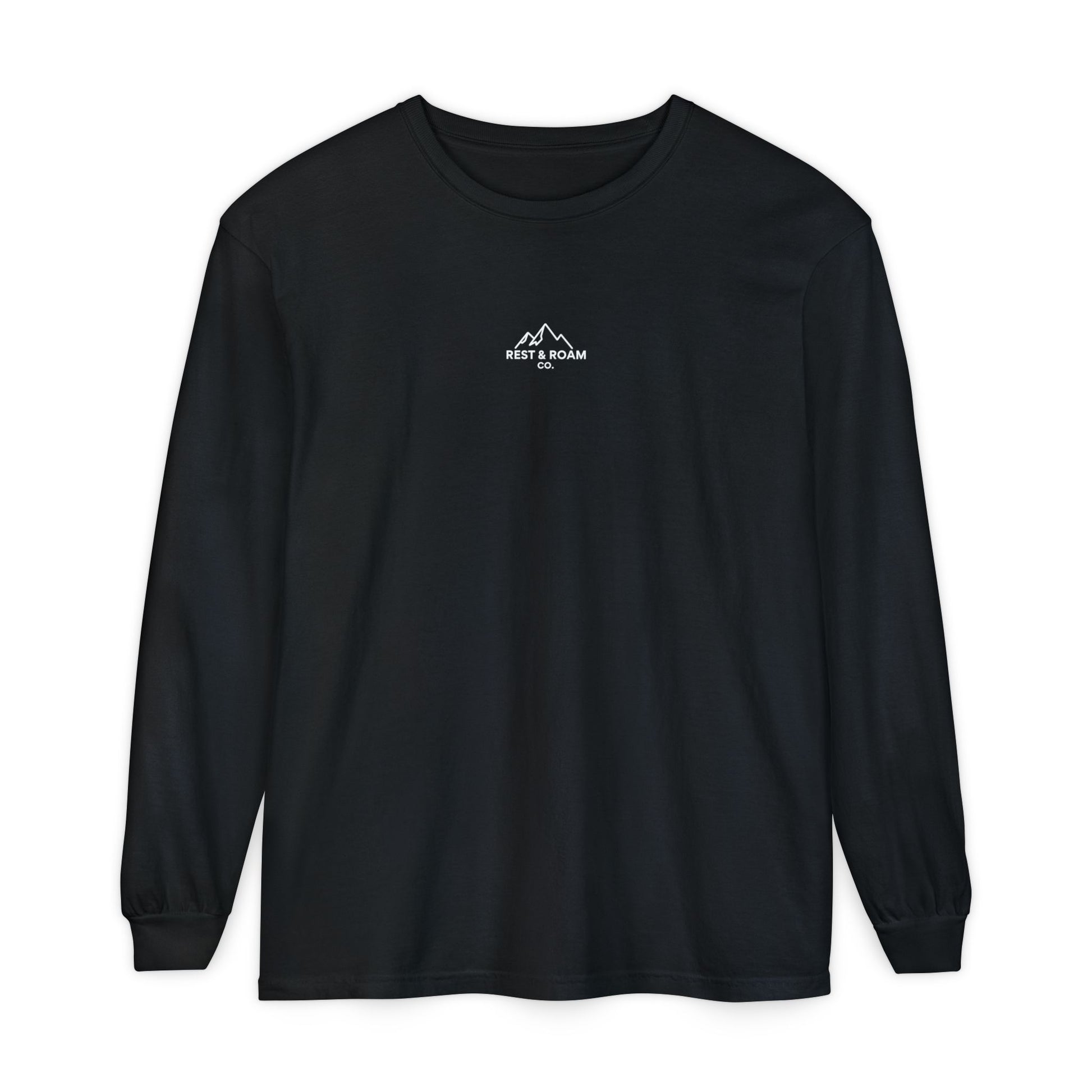Black colored Rest & Roam Co. long sleeve shirt (The Foxy), with Rest & Roam Co. white mountain logo placed on a white background. 