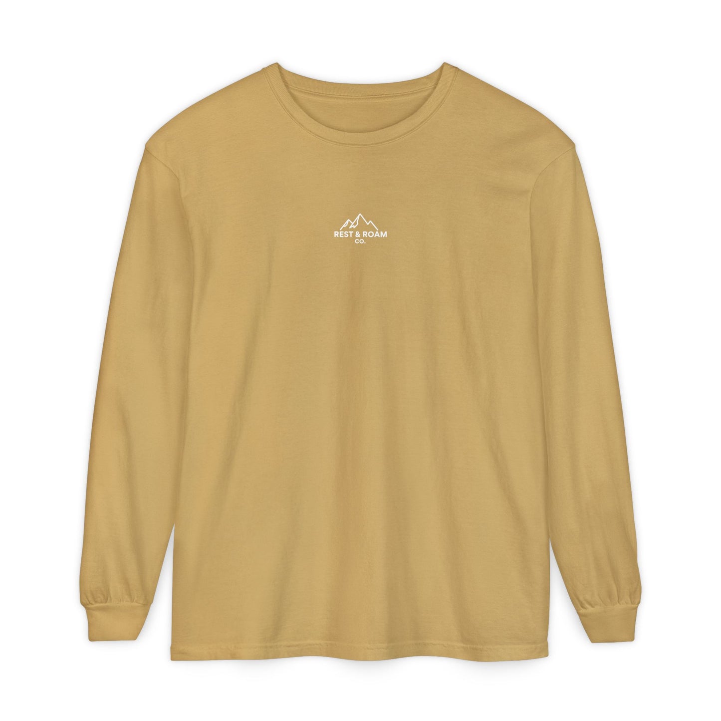 Butter yellow colored Rest & Roam Co. long sleeve (The Foxy), with Rest & Roam Co. white mountain logo placed on a white background. 