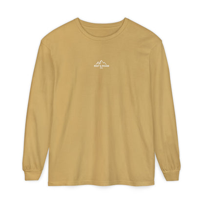 Butter yellow colored Rest & Roam Co. long sleeve (The Foxy), with Rest & Roam Co. white mountain logo placed on a white background. 