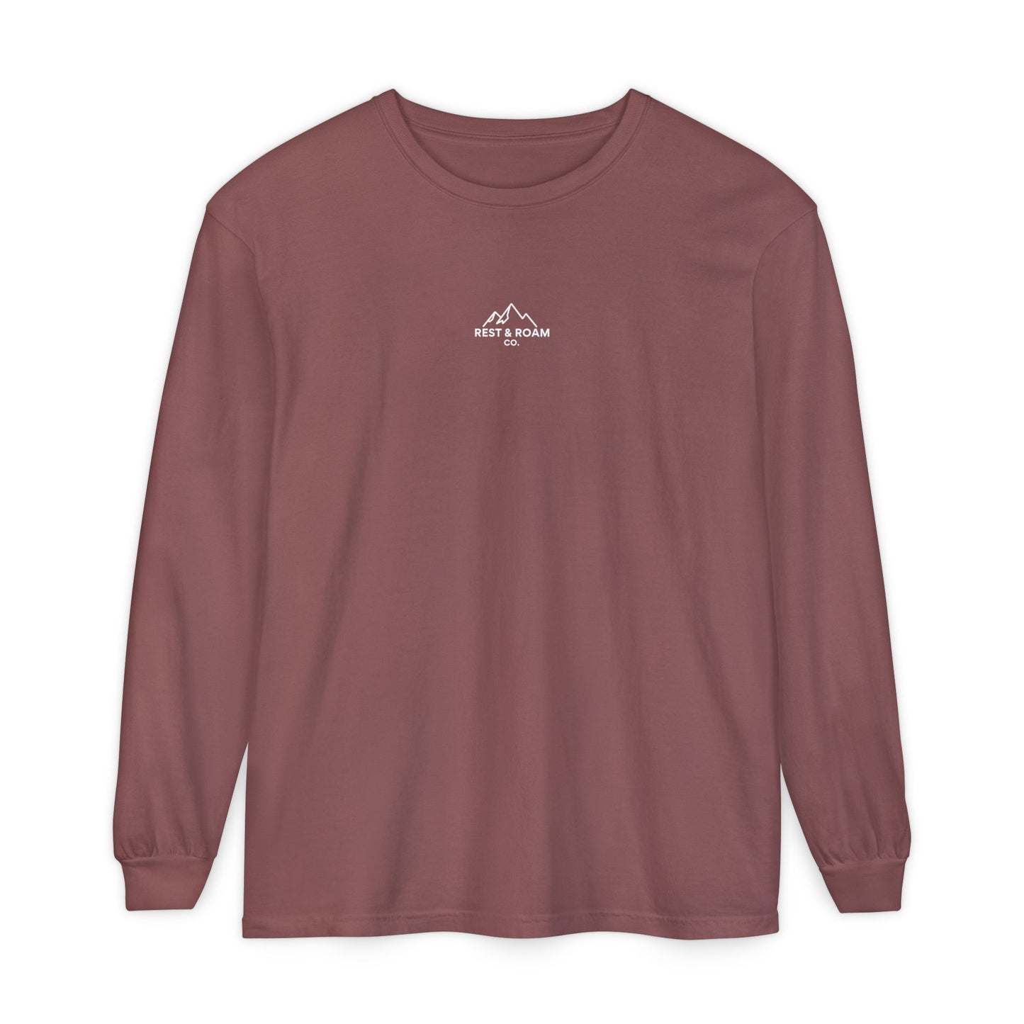 Crimson colored Rest & Roam Co. long sleeve shirt (The Foxy), with Rest & Roam Co. white mountain logo placed on a white background. 