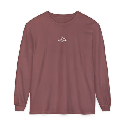 Crimson colored Rest & Roam Co. long sleeve shirt (The Foxy), with Rest & Roam Co. white mountain logo placed on a white background. 