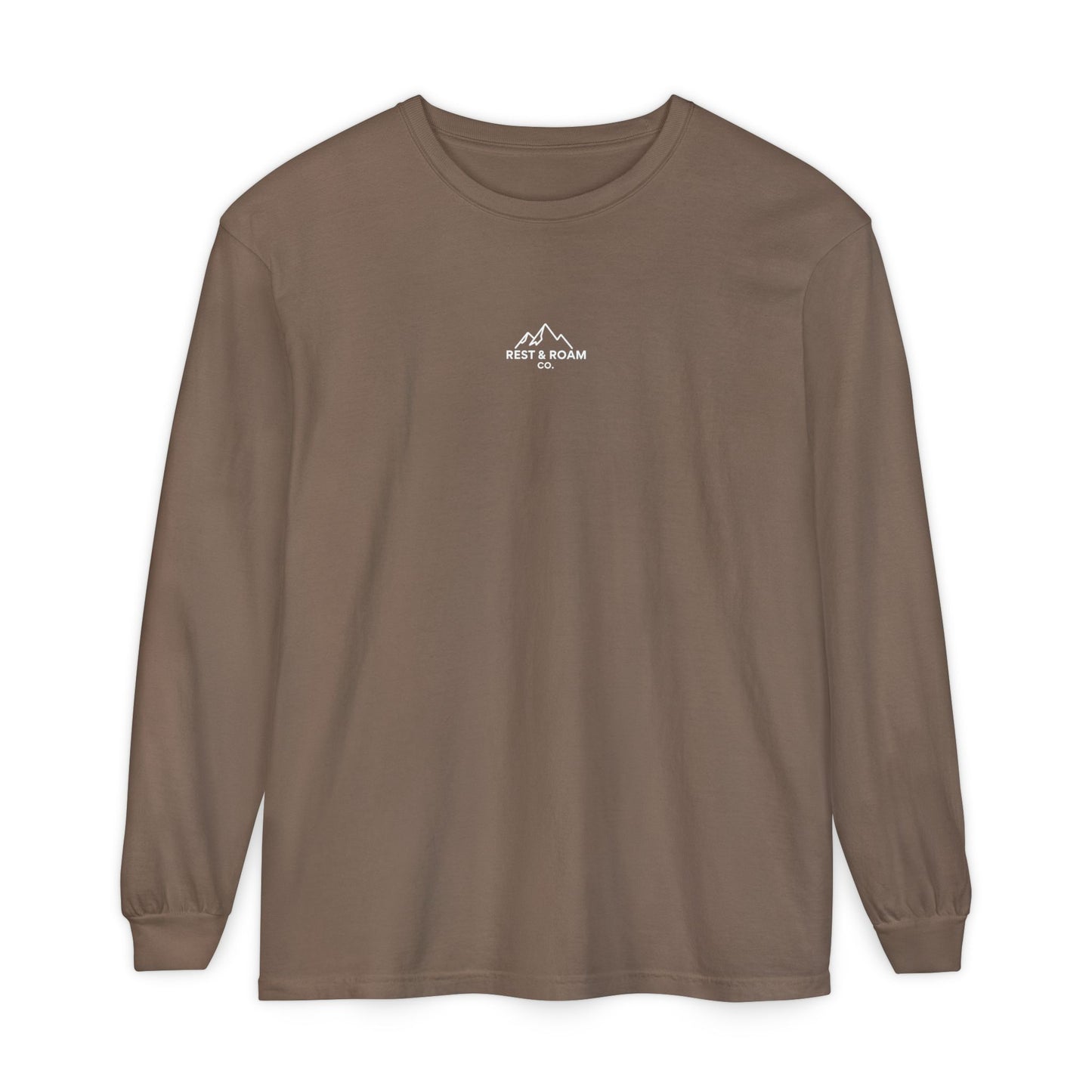 Espresso brown colored Rest & Roam Co. long sleeve shirt (The Foxy), with Rest & Roam Co. white mountain logo placed on a white background. 