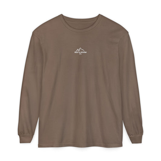 Espresso brown colored Rest & Roam Co. long sleeve shirt (The Foxy), with Rest & Roam Co. white mountain logo placed on a white background. 