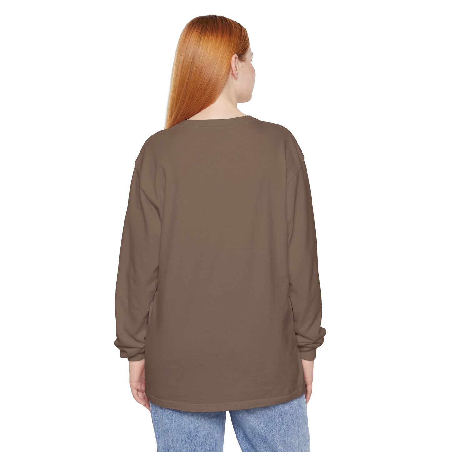 Woman wearing an Espresso Brown long sleeve Rest & Roam Co. shirt, back of shirt, on a white background 
