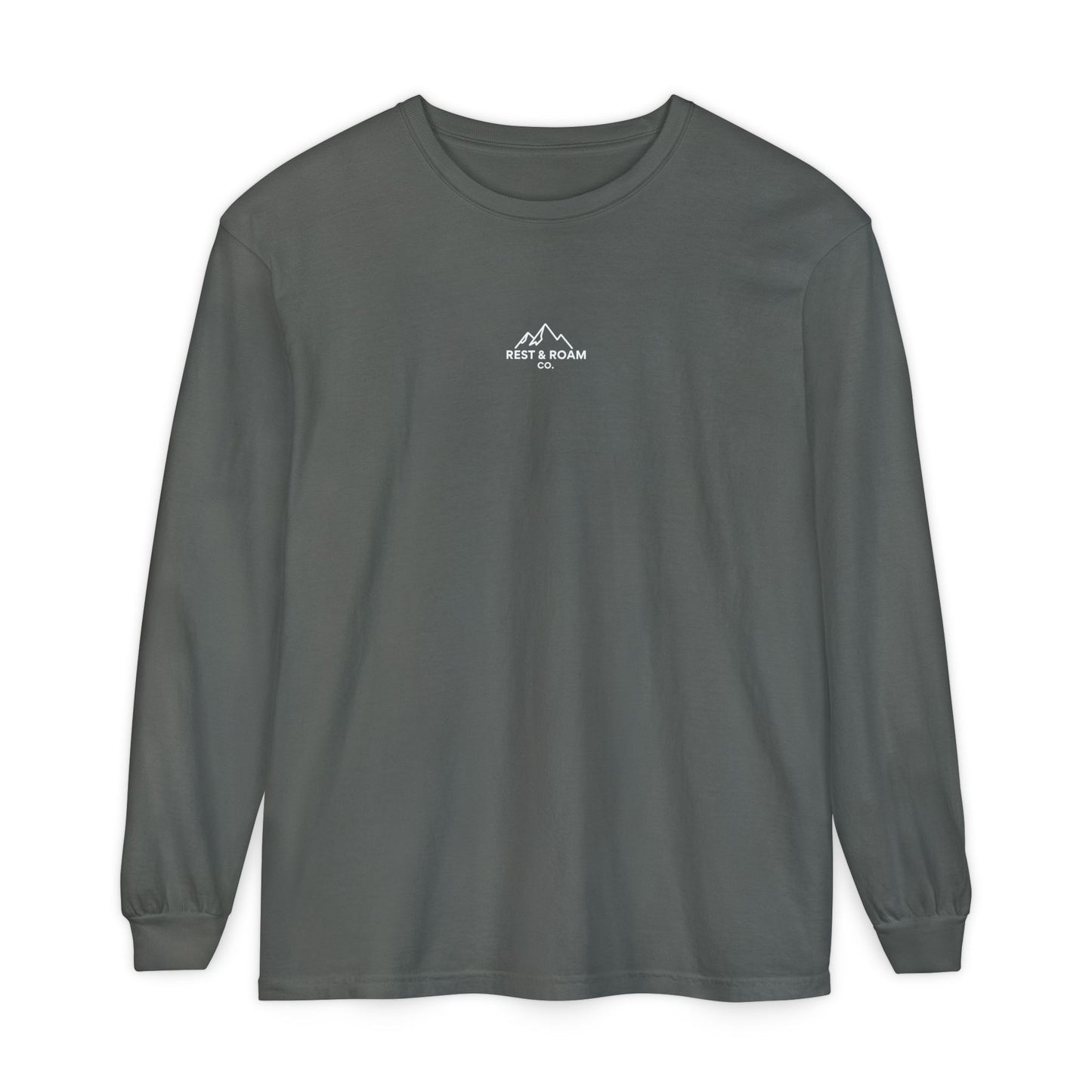 Gray colored Rest & Roam Co. long sleeve shirt (The Foxy), with Rest & Roam Co. white mountain logo placed on a white background. 