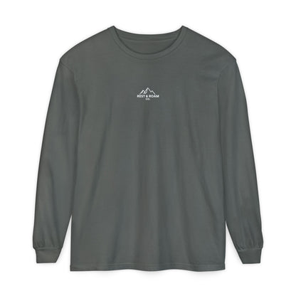 Gray colored Rest & Roam Co. long sleeve shirt (The Foxy), with Rest & Roam Co. white mountain logo placed on a white background. 
