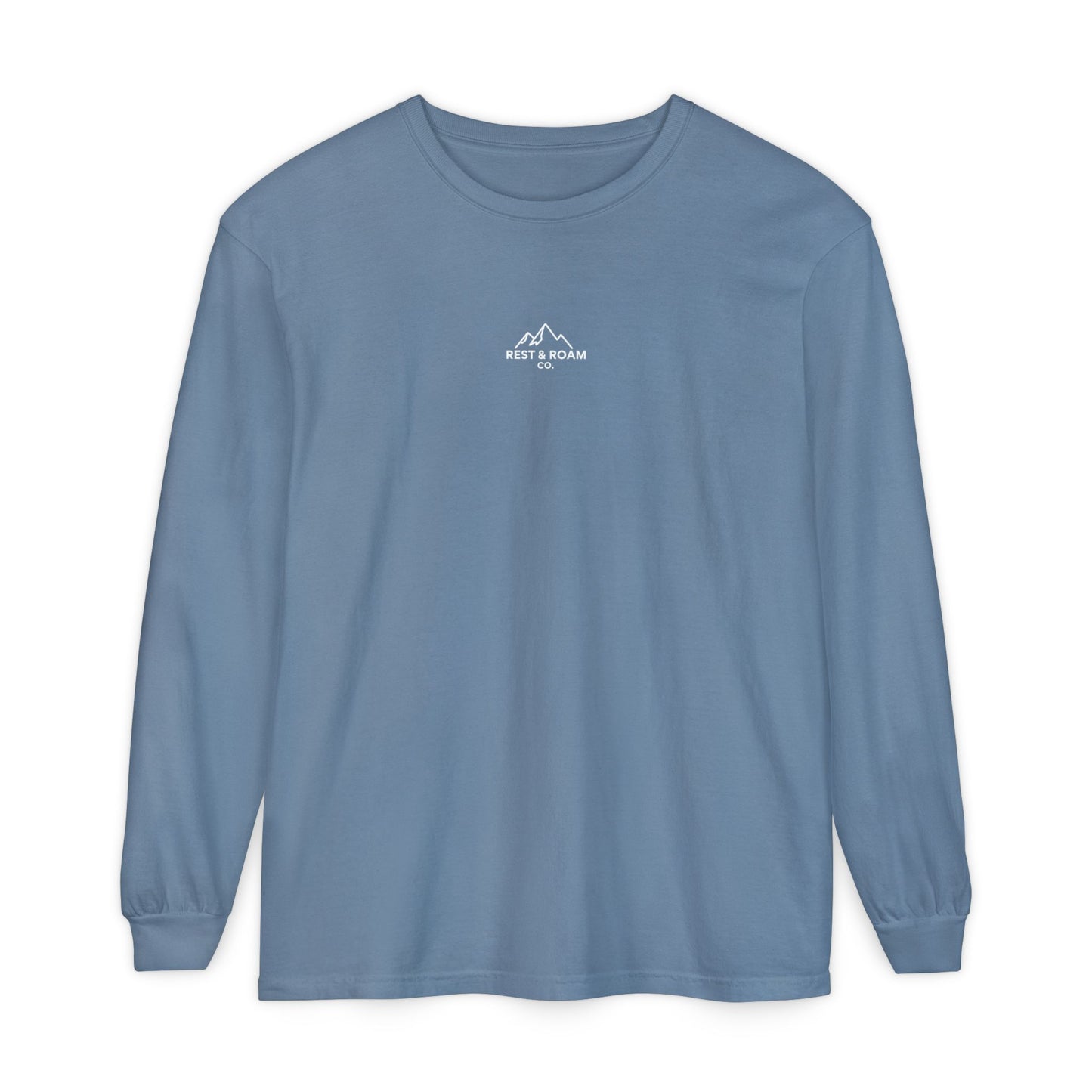 Ice Blue colored Rest & Roam Co. long sleeve shirt (The Foxy), with Rest & Roam Co. white mountain logo placed on a white background. 