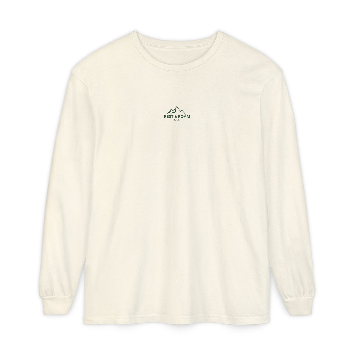 Ivory colored Rest & Roam Co. long sleeve shirt (The Foxy), with Rest & Roam Co. white mountain logo placed on a white background. 