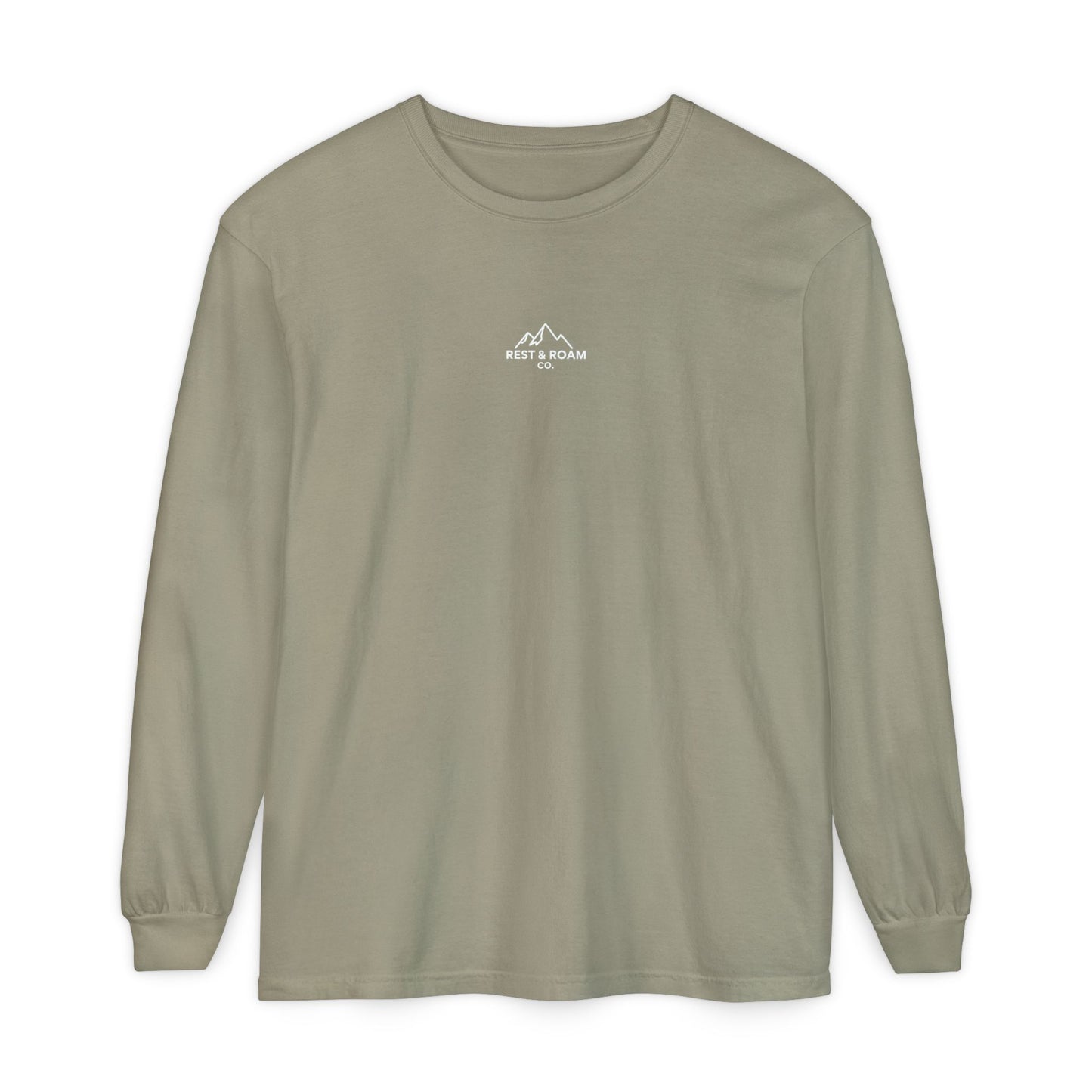 Khaki colored Rest & Roam Co. long sleeve shirt (The Foxy), with Rest & Roam Co. white mountain logo placed on a white background. 