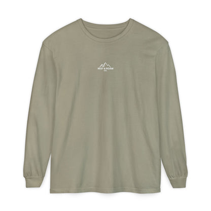 Khaki colored Rest & Roam Co. long sleeve shirt (The Foxy), with Rest & Roam Co. white mountain logo placed on a white background. 
