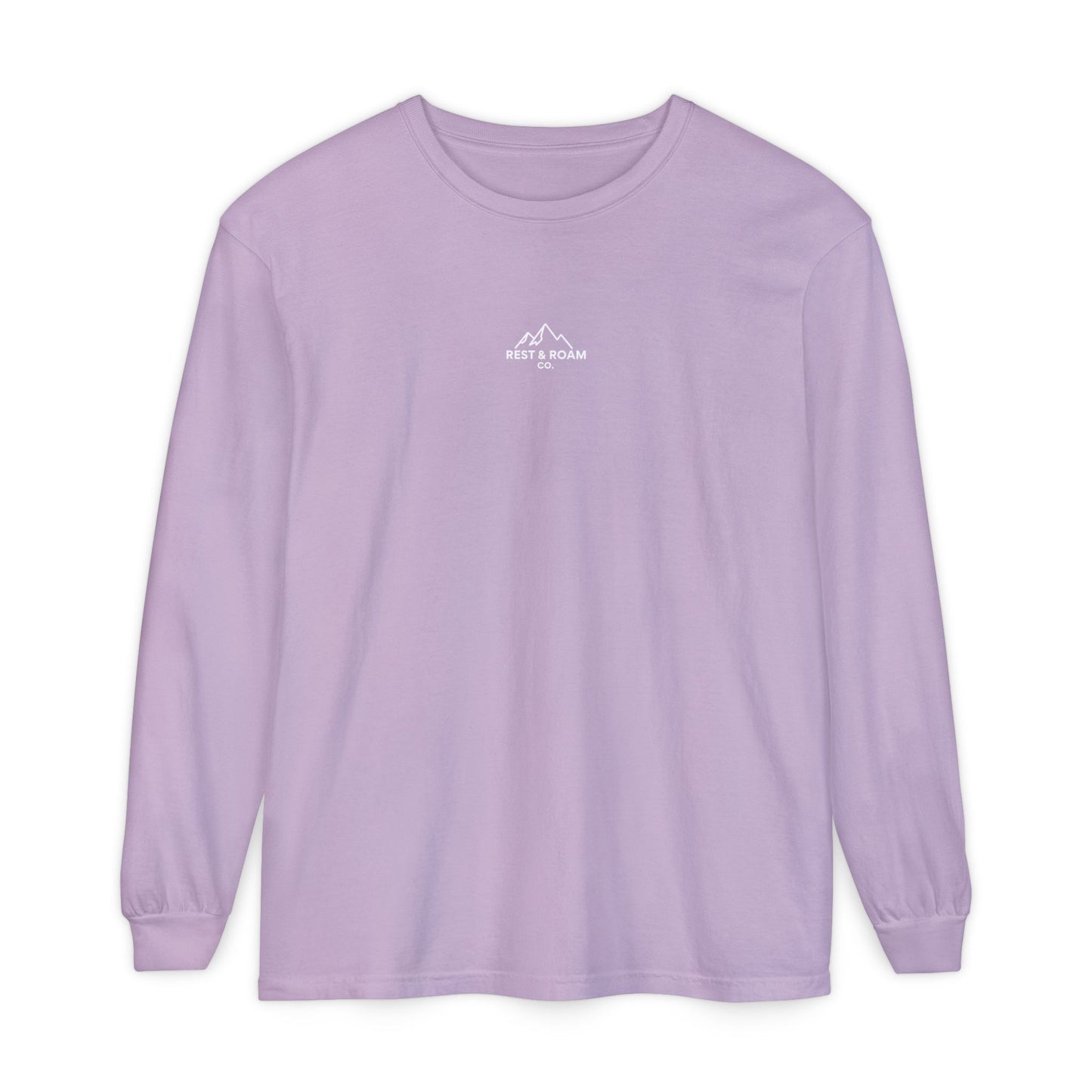 Lavender colored Rest & Roam Co. long sleeve shirt (The Foxy), with Rest & Roam Co. white mountain logo placed on a white background. 