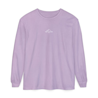 Lavender colored Rest & Roam Co. long sleeve shirt (The Foxy), with Rest & Roam Co. white mountain logo placed on a white background. 