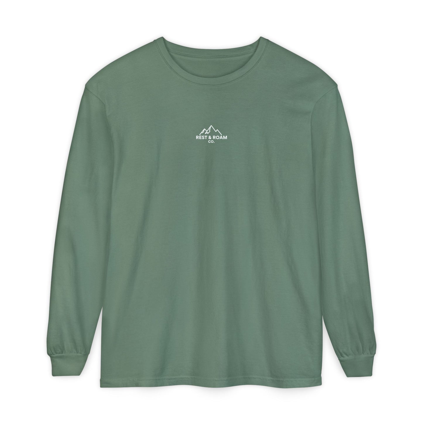 Light green colored Rest & Roam Co. long sleeve shirt (The Foxy), with Rest & Roam Co. white mountain logo placed on a white background. 