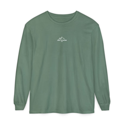 Light green colored Rest & Roam Co. long sleeve shirt (The Foxy), with Rest & Roam Co. white mountain logo placed on a white background. 