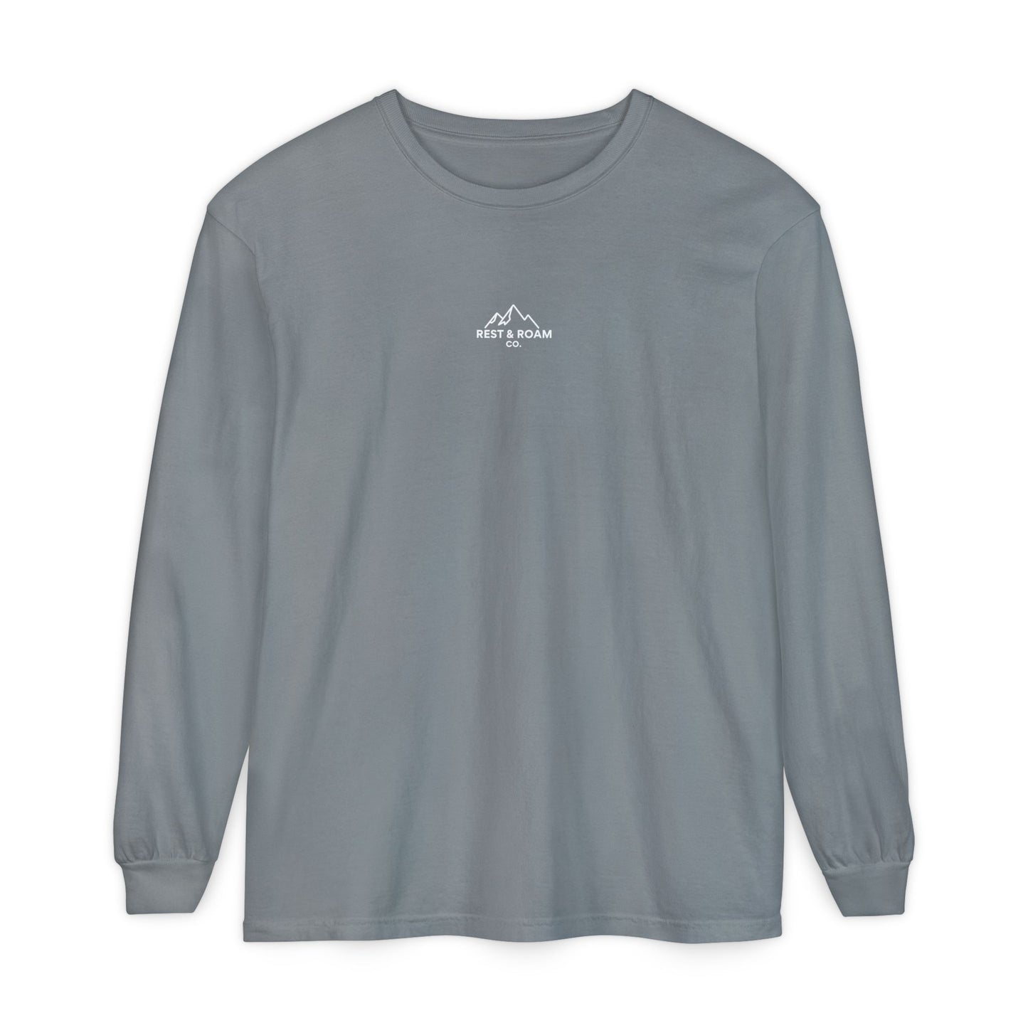 Light Grey colored Rest & Roam Co. long sleeve shirt (The Foxy), with Rest & Roam Co. white mountain logo placed on a white background. 
