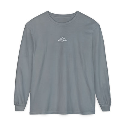 Light Grey colored Rest & Roam Co. long sleeve shirt (The Foxy), with Rest & Roam Co. white mountain logo placed on a white background. 