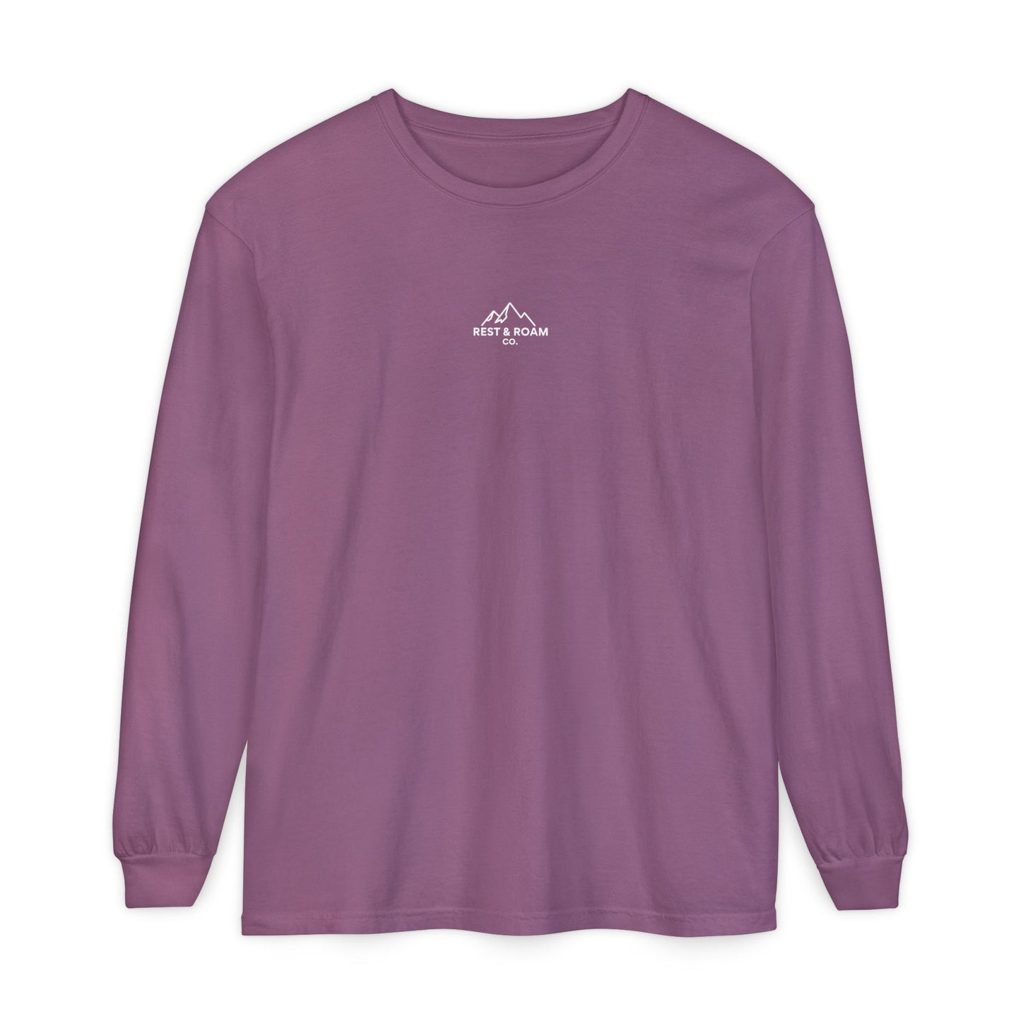 Rose colored Rest & Roam Co. long sleeve shirt (The Foxy), with Rest & Roam Co. white mountain logo placed on a white background. 