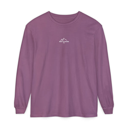 Rose colored Rest & Roam Co. long sleeve shirt (The Foxy), with Rest & Roam Co. white mountain logo placed on a white background. 