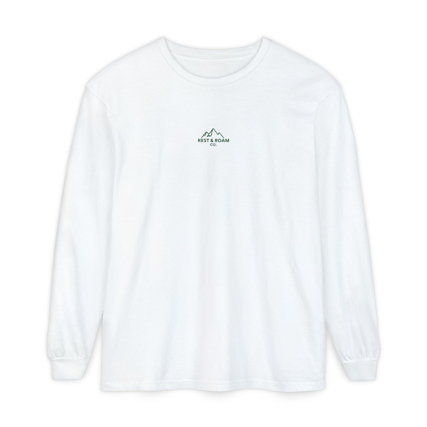 White colored Rest & Roam Co. long sleeve shirt (The Foxy), with Rest & Roam Co. white mountain logo placed on a white background. 