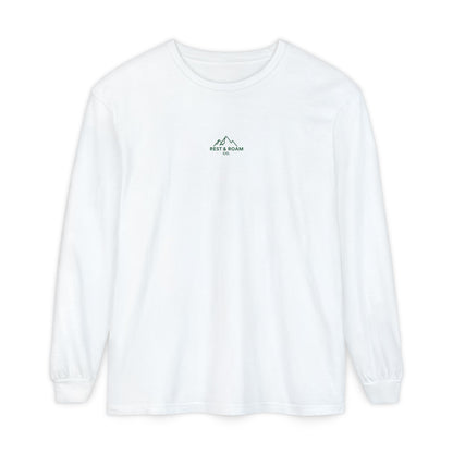 White colored Rest & Roam Co. long sleeve shirt (The Foxy), with Rest & Roam Co. white mountain logo placed on a white background. 