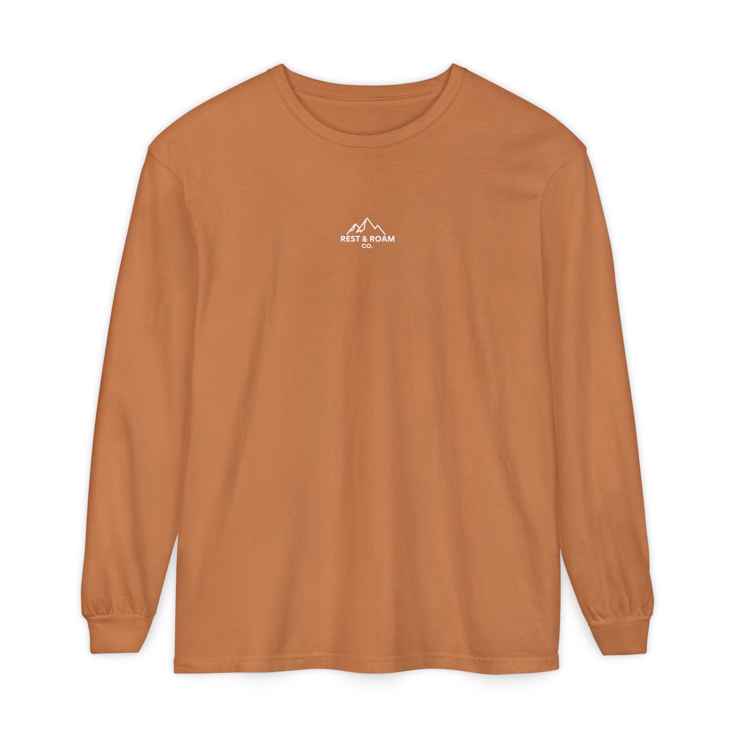 Yam colored Rest & Roam Co. long sleeve shirt (The Foxy), with Rest & Roam Co. white mountain logo placed on a white background. 