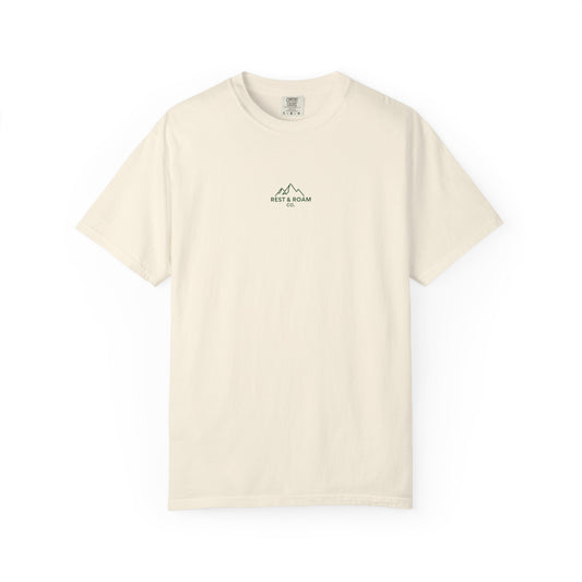 Beige t-shirt with a small graphic and text on a white background