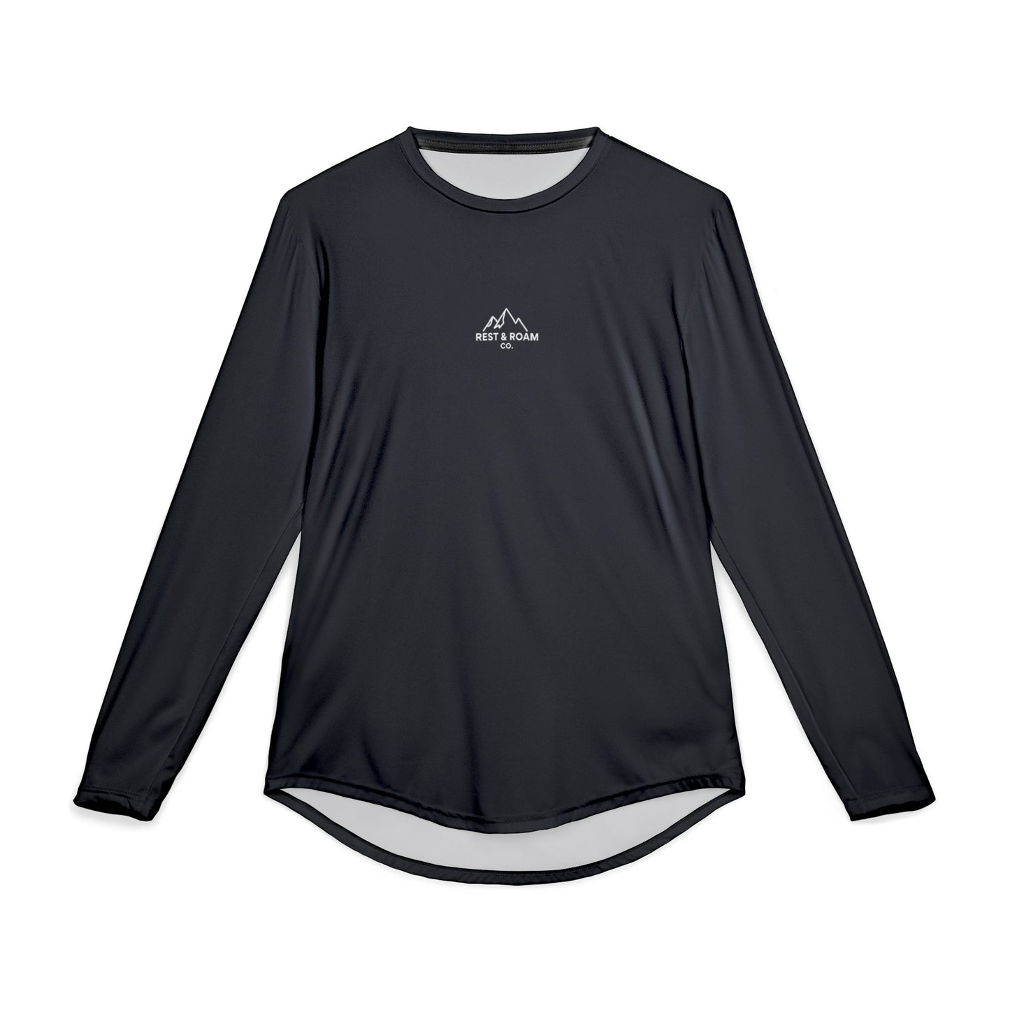 Black UV protection long sleeve sun shirt with Rest & Roam Co. logo. 