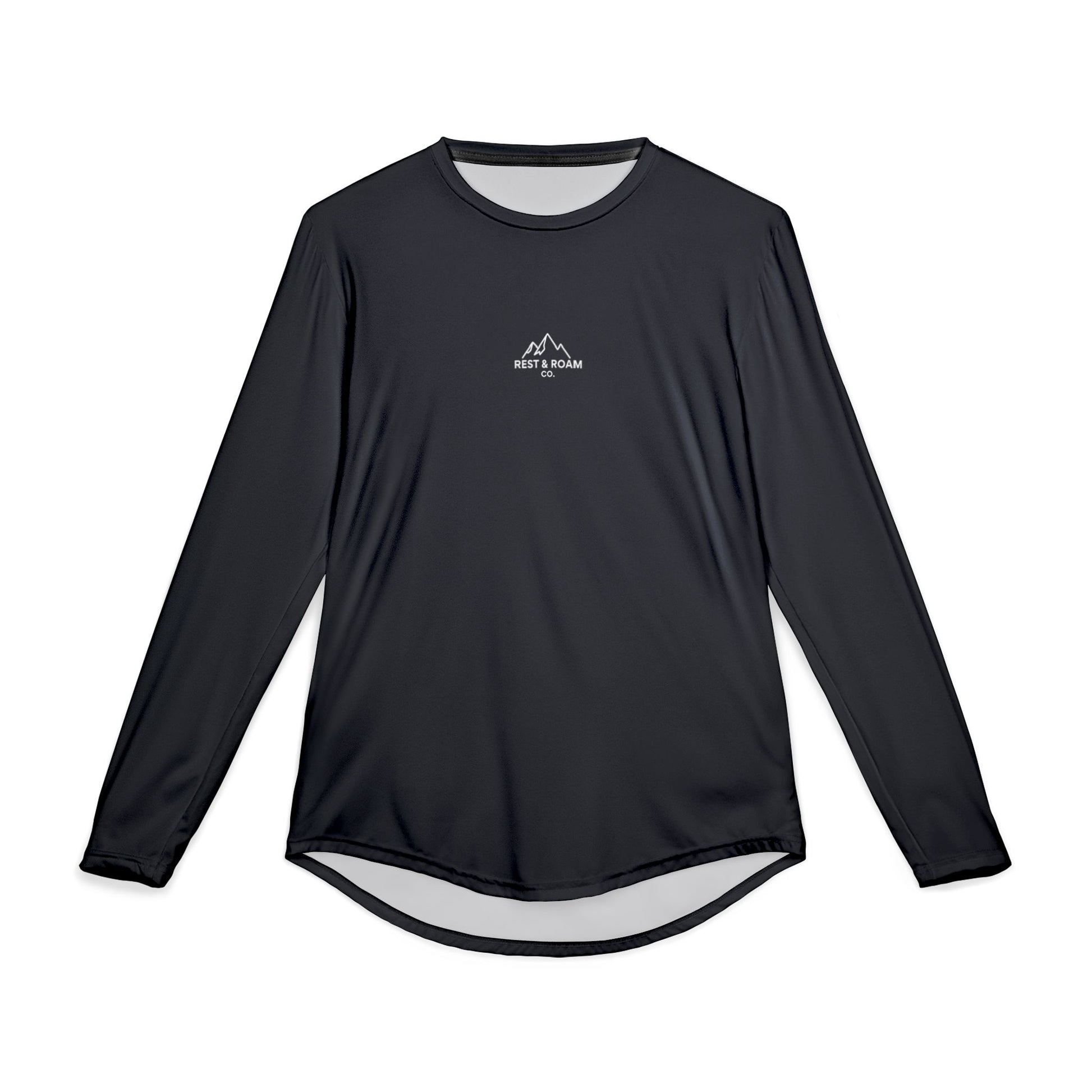 Black UV protection long sleeve sun shirt with Rest & Roam Co. logo. 